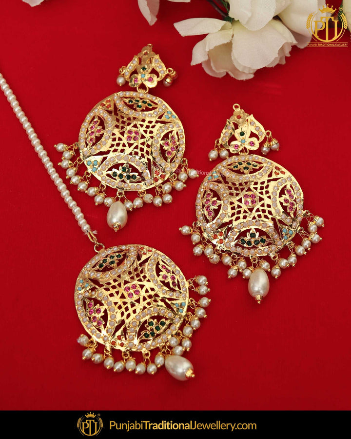 Gold Finished Navratan Jadau Pearl Earring Tikka Set | Punjabi Traditional Jewellery Exclusive