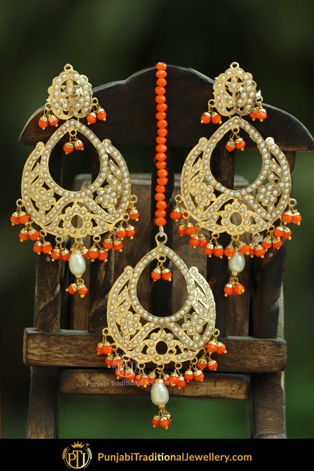 Gold Finished Orange Jadau Pearl Earring Tikka Set | Punjabi Traditional Jewellery Exclusive