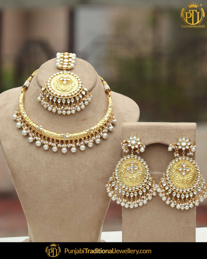 Gold Finished Pearl Kundan Hasli Necklace Set | Punjabi Traditional Jewellery Exclusive
