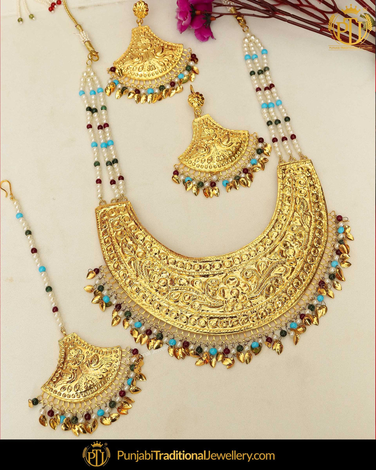 Gold Finished Pippal Patti Pearl Patra Long Necklace Set | Punjabi Traditional Jewellery Exclusive