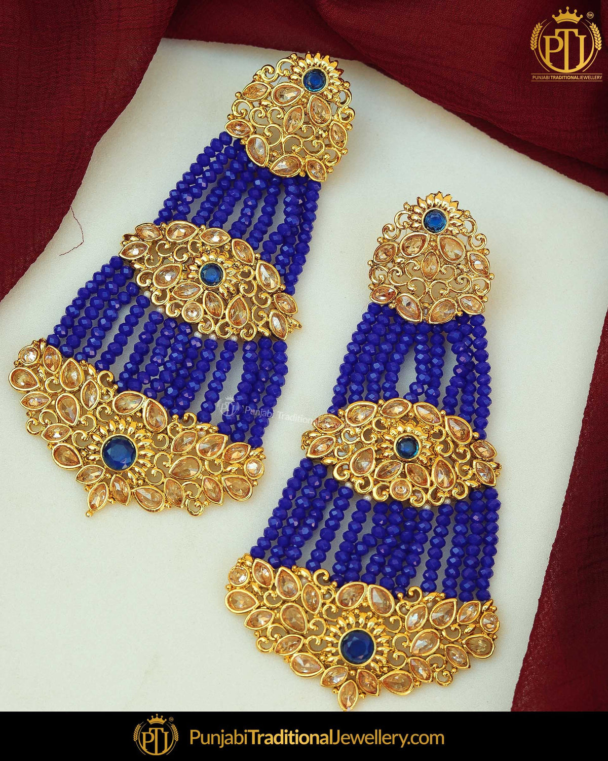 Gold Finished Blue Polki Pearl Earring Tikka Set | Punjabi Traditional Jewellery Exclusive