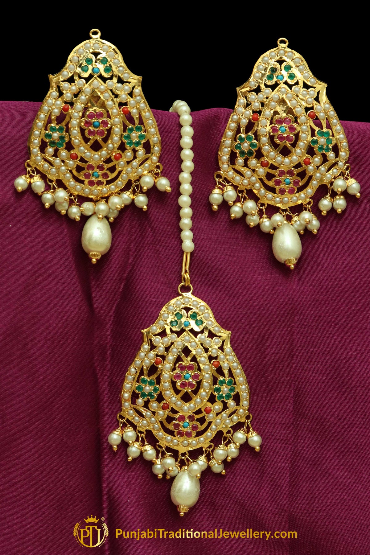 Hadil Gold Finished Navratan Jadau Earrings With Tikka | Punjabi Traditional Jewellery Exclusive