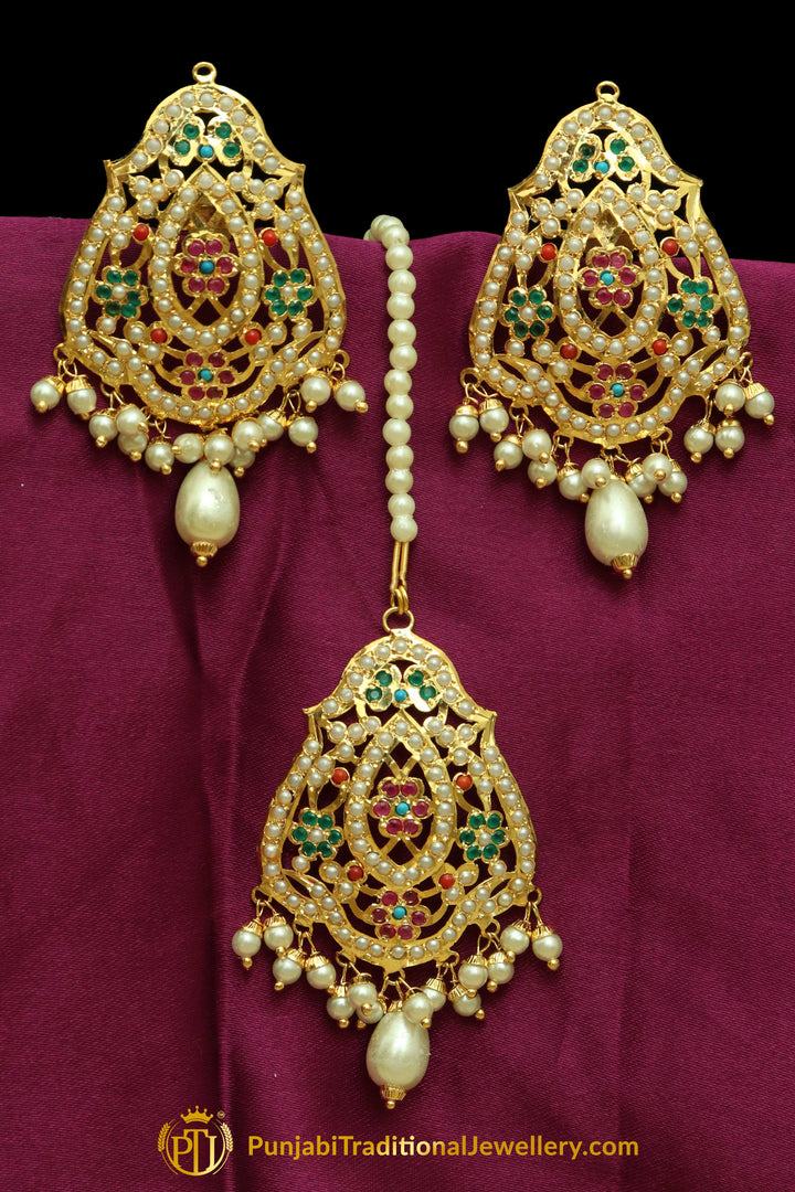 Hadil Gold Finished Navratan Jadau Earrings With Tikka | Punjabi Traditional Jewellery Exclusive