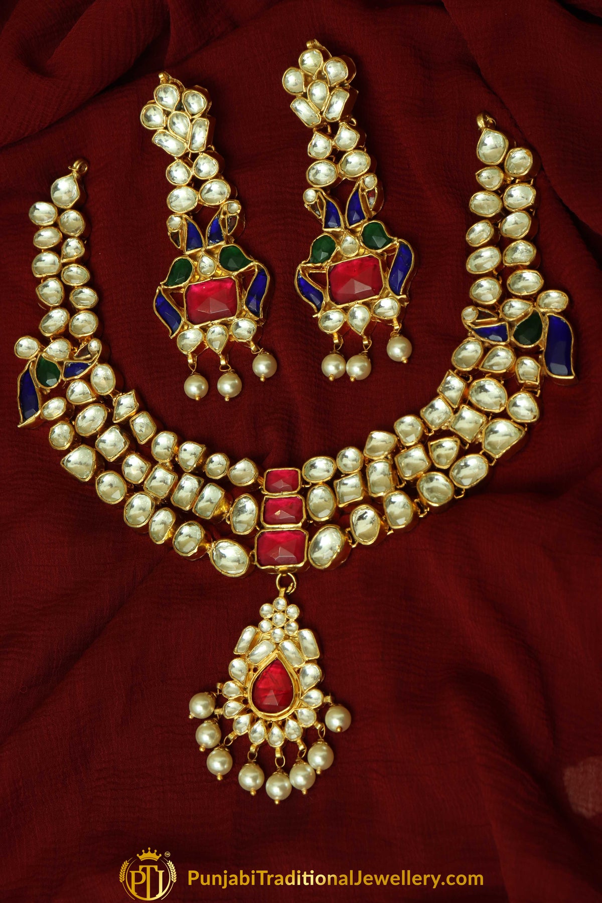 Fairuzah Navratan Kundan Pearl Necklace Set | Punjabi Traditional Jewellery Exclusive