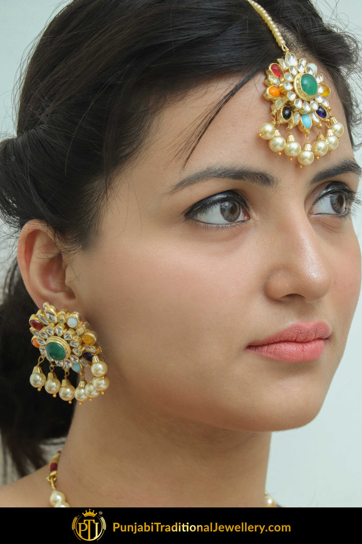 Faiza Navratan Kundan Pearl Long With Stud Earring Tikka Set | Punjabi Traditional Jewellery Exclusive