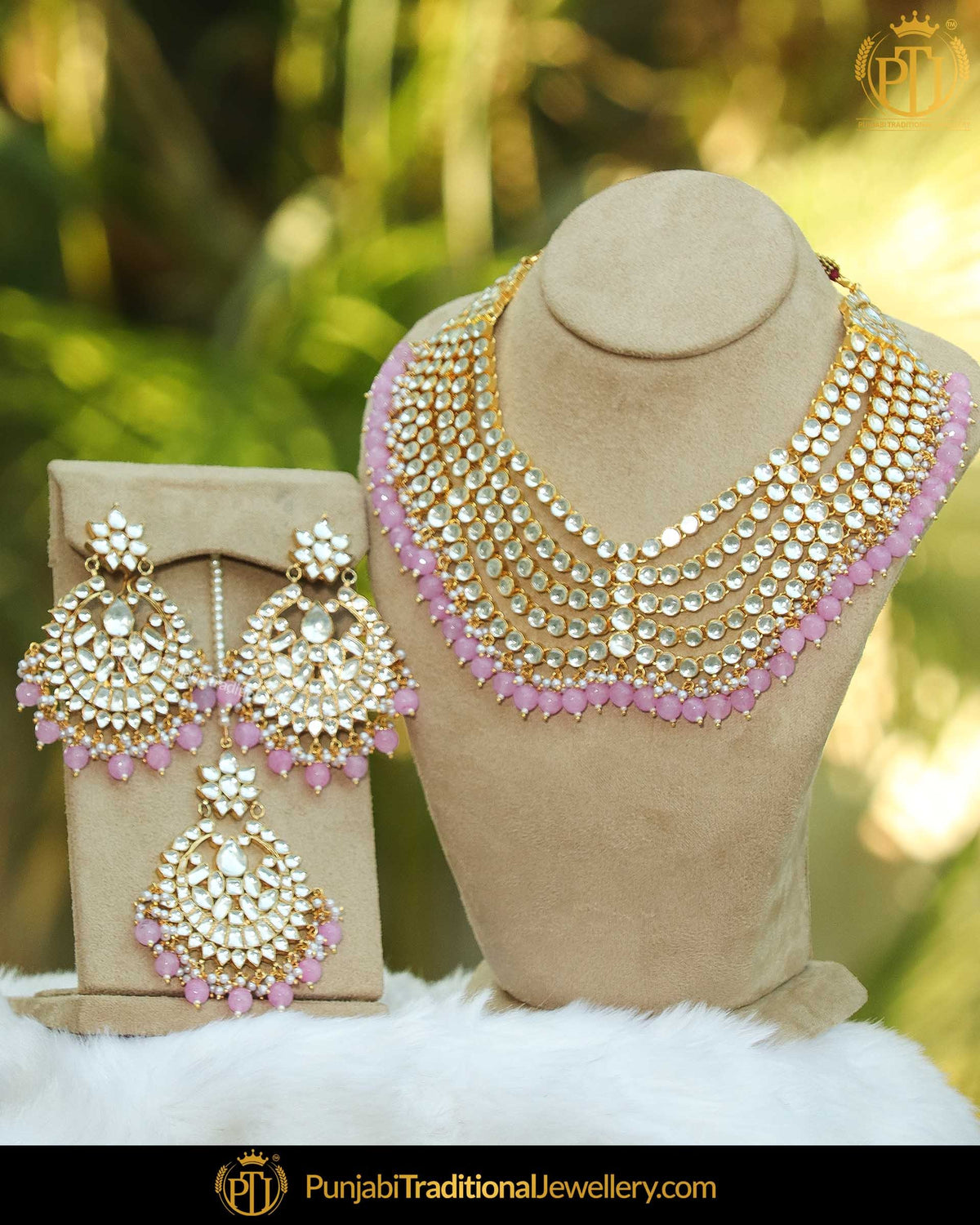 Gold Finished Pink Pearl Kundan Necklace Set | Punjabi Traditional Jewellery Exclusive