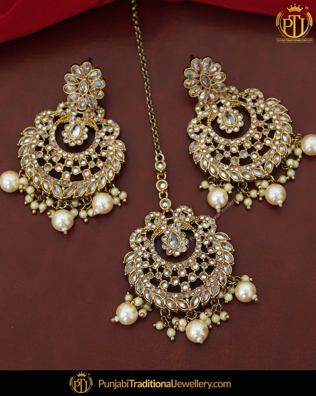 Antique Gold Finished Pearl Champagne Stone Earring Tikka Set | Punjabi Traditional Jewellery Exclusive