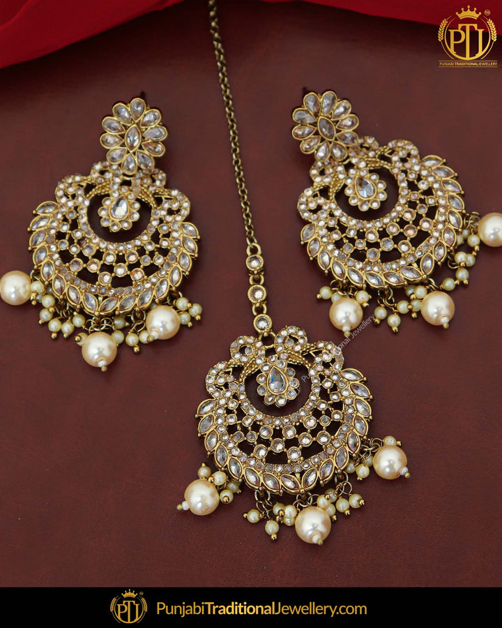 Antique Gold Finished Pearl Champagne Stone Earring Tikka Set | Punjabi Traditional Jewellery Exclusive