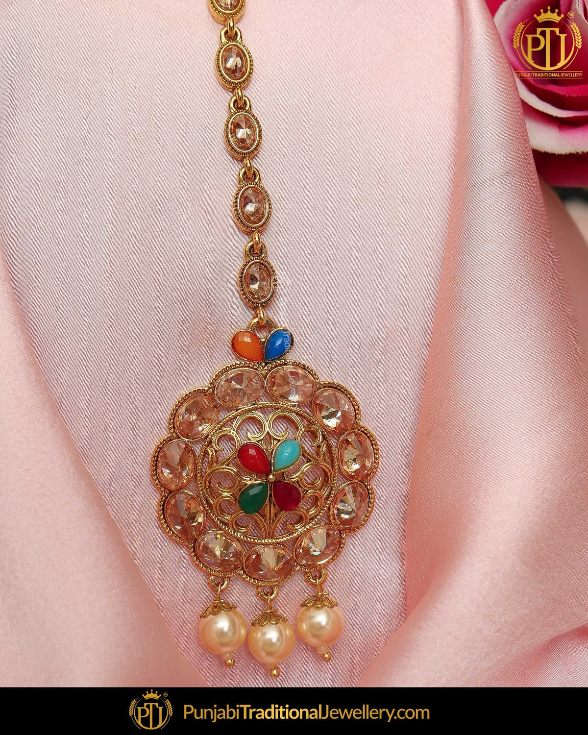 Gold Finished Navratan Champagne Stone Tikka | Punjabi Traditional Jewellery Exclusive