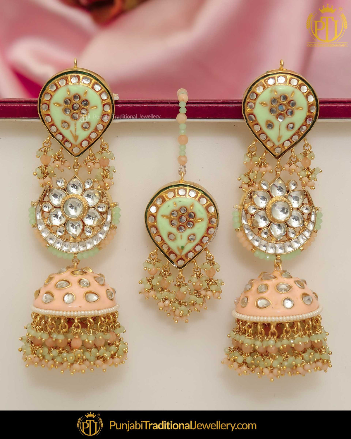 Hand Painted Meena Kundan Pearl Peach & Pistachio Earrings & Tikka | Punjabi Traditional Jewellery Exclusive