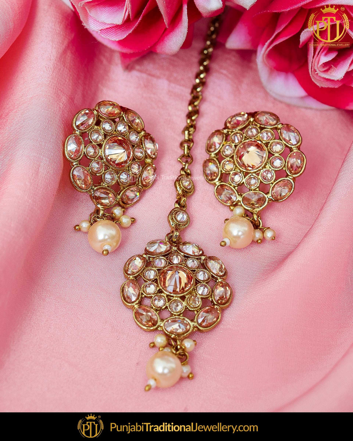 Gold Finished Chamapgne Stone Pearl Stud Earrings & Tikka | Punjabi Traditional Jewellery Exclusive