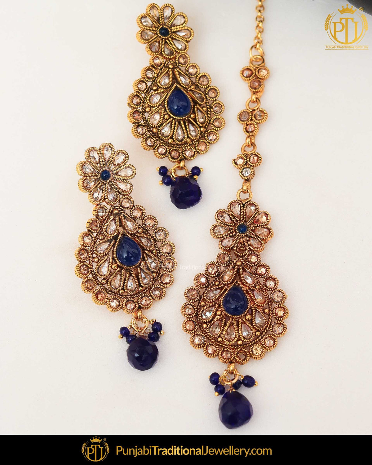 Antique Gold Finished Blue Pearl Earring Tikka Set | Punjabi Traditional Jewellery Exclusive