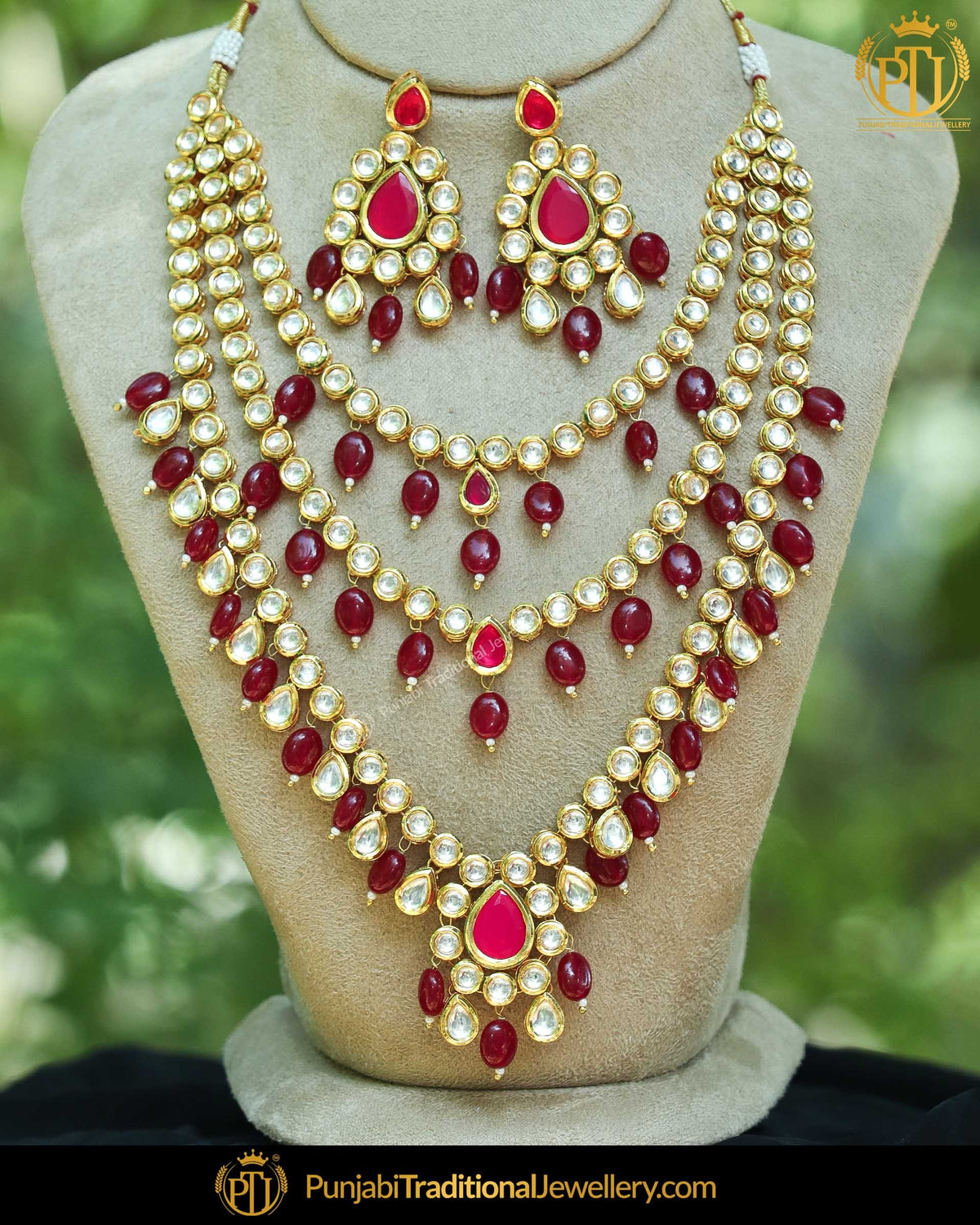 Gold Finished Rubby Pearl Kundan Necklace Set | Punjabi Traditional Jewellery Exclusive
