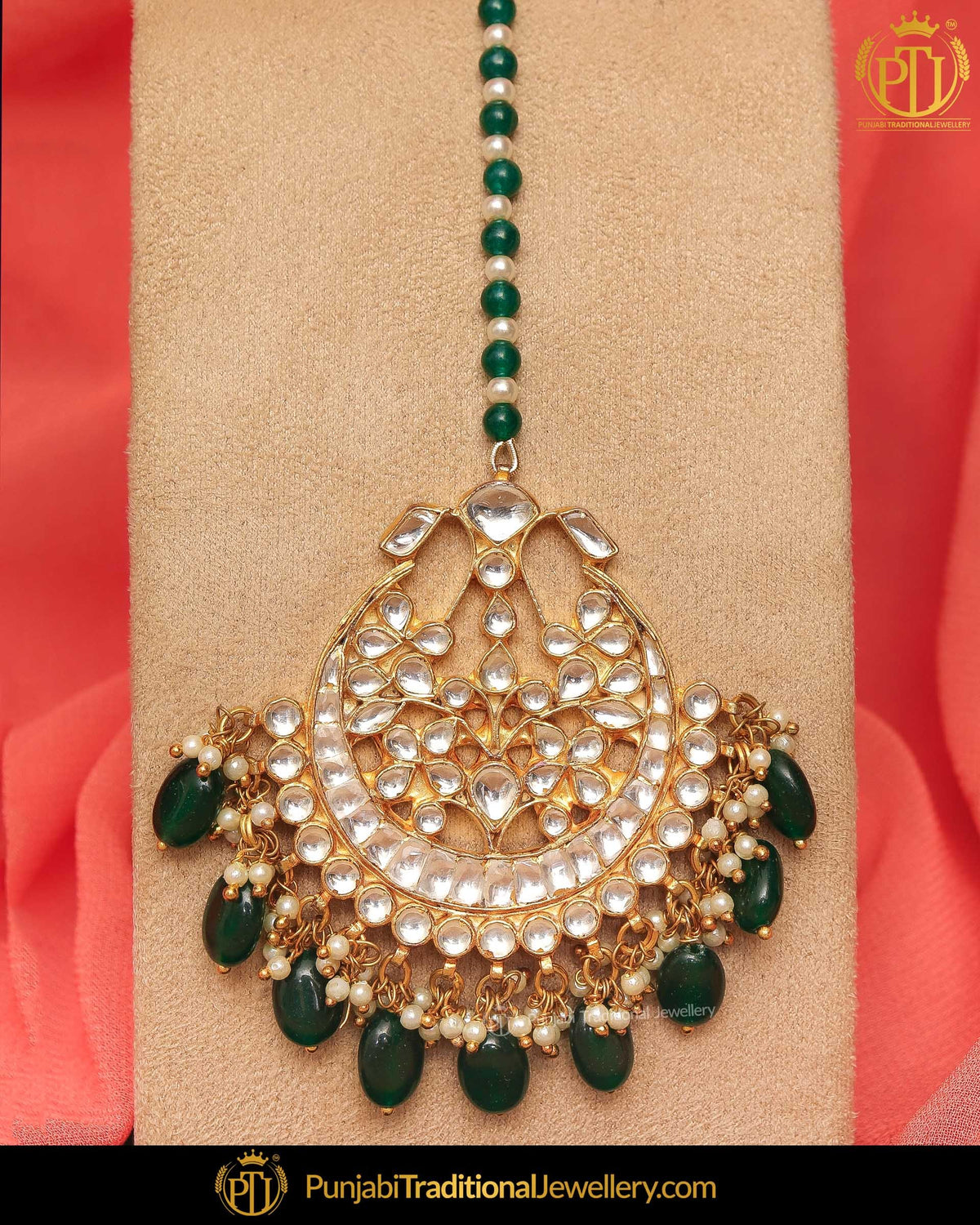 Gold Finished Emerald Kundan Pearl Tikka | Punjabi Traditional Jewellery Exclusive