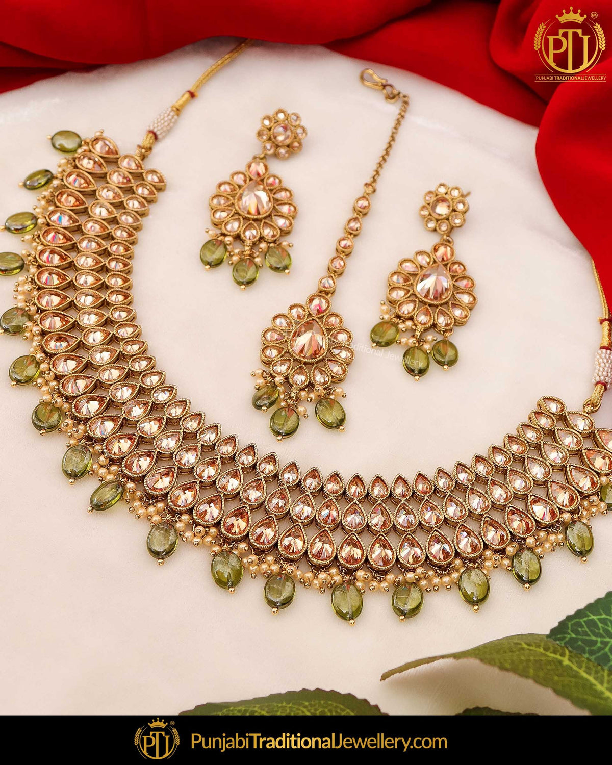 Antique Gold Finished Pista Chamapgne Stone Necklace Set | Punjabi Traditional Jewellery Exclusive