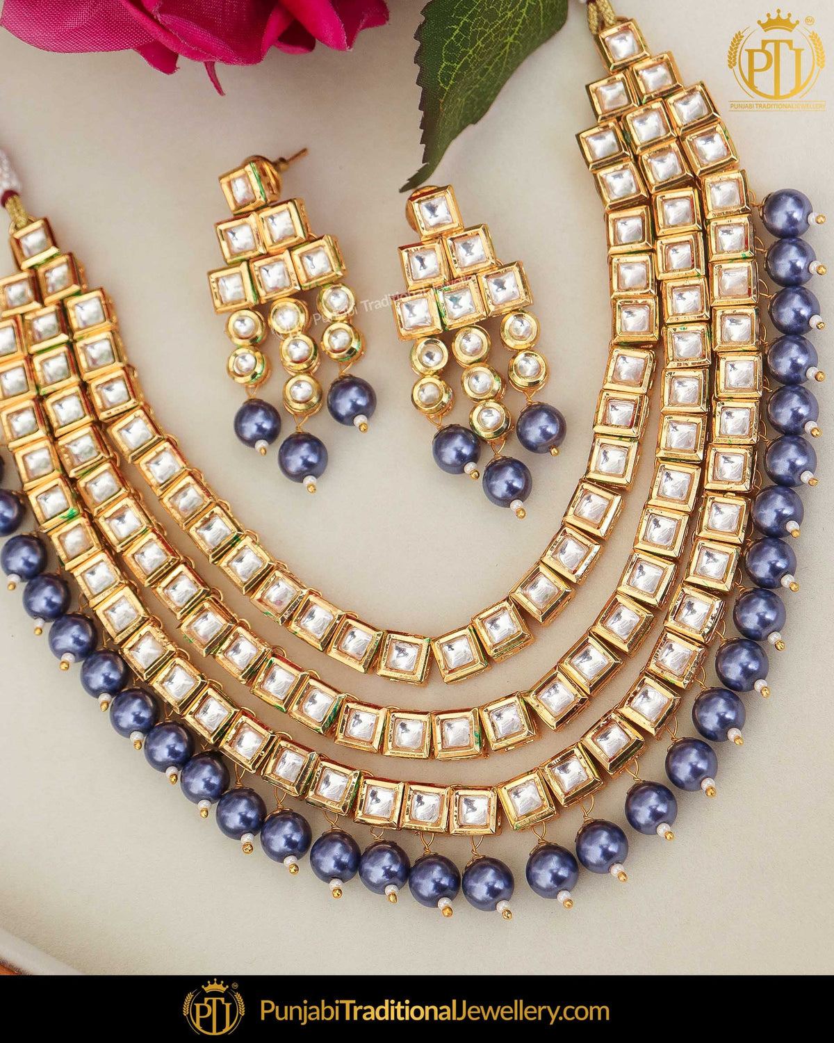 Gold Finished Metallic Blue Pearl Kundan Necklace Set | Punjabi Traditional Jewellery Exclusive
