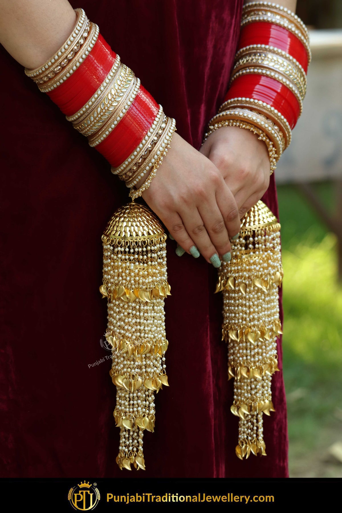 Gold Finished Pearl Pippal Patti Bridal Kalira & Polki Red Bridal Chura | Punjabi Traditional Jewellery Exclusive