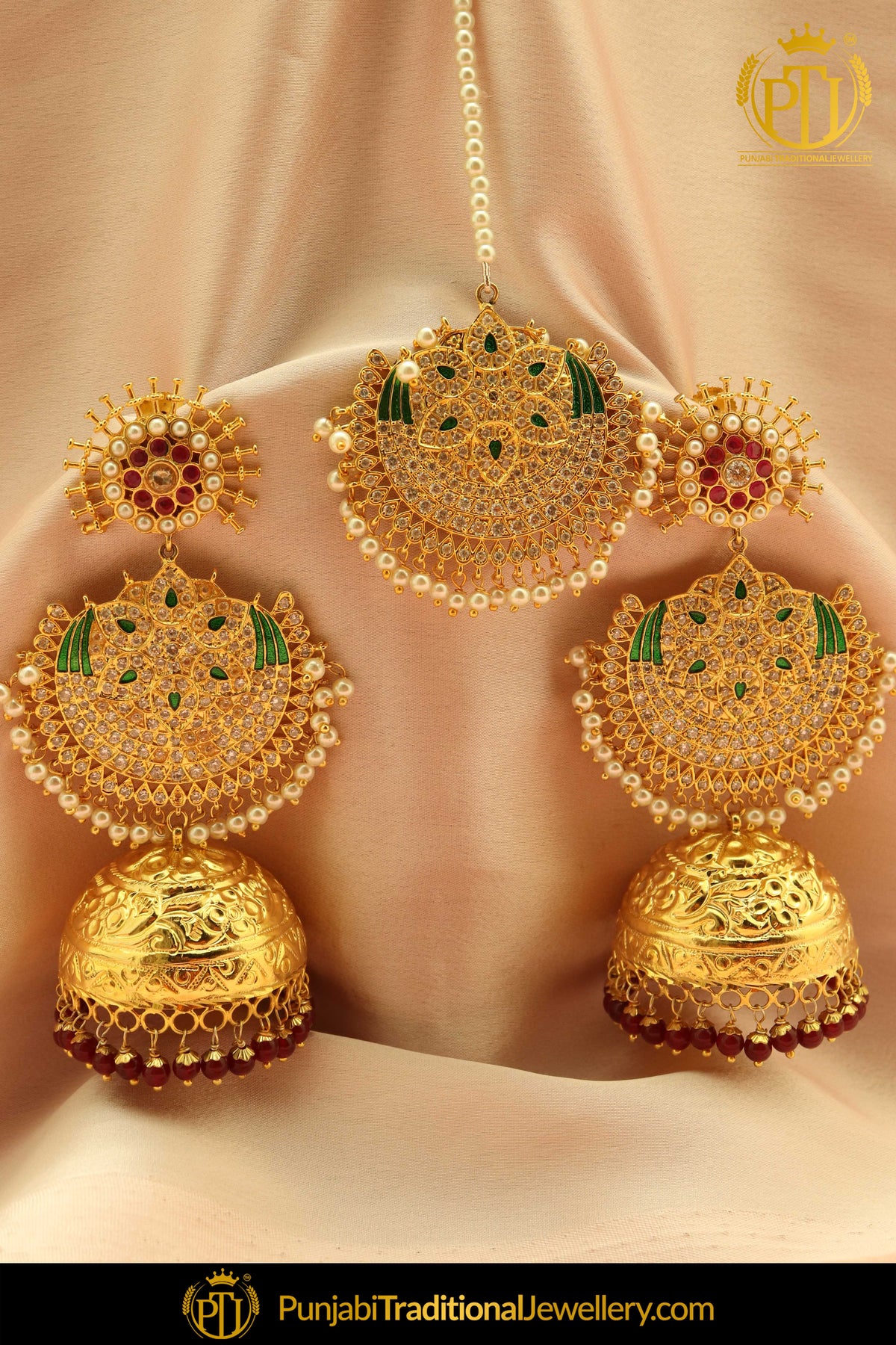 Zoya Gold Finished Rubby Panna Jhumki Earring Tikka Set | Punjabi Traditional Jewellery Exclusive