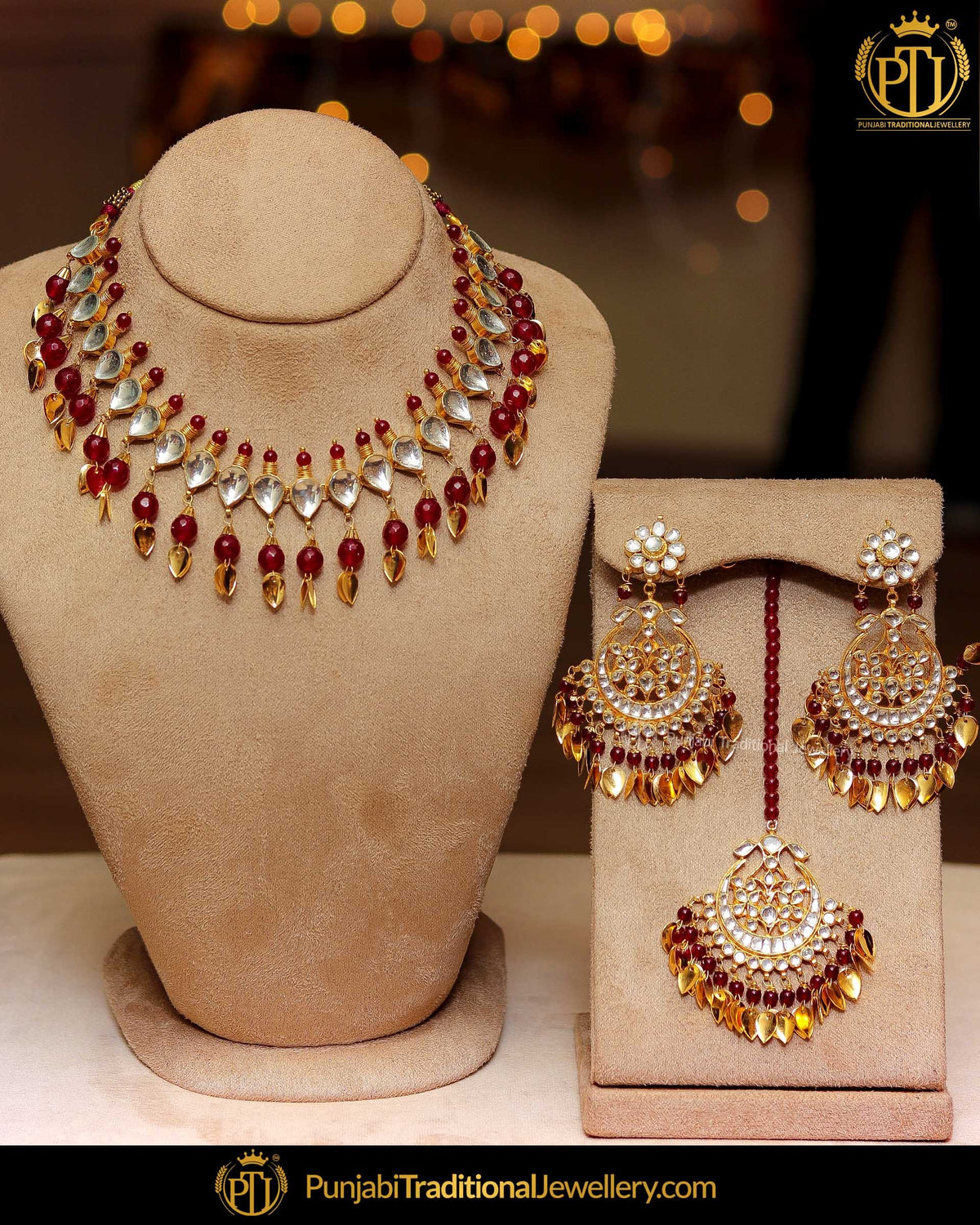 Gold Finished Kundan Pearl Rubby Pippal Patti Necklace Set | Punjabi Traditional Jewellery Exclusive