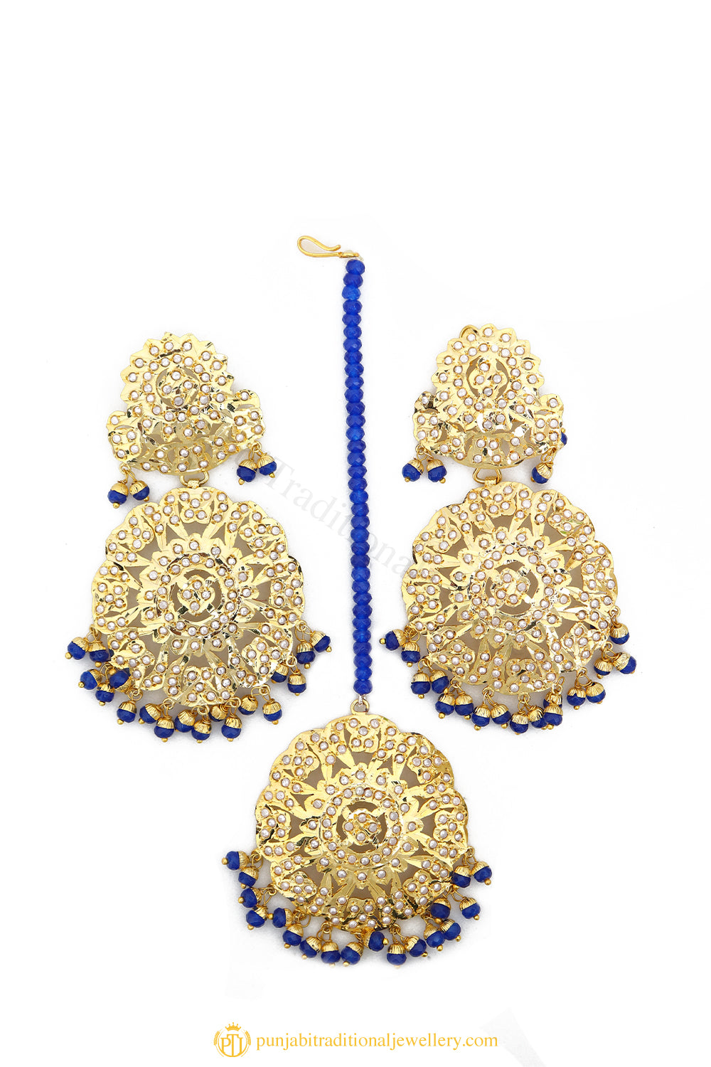 Gold Finished Earrings & Tikka Set by PTJ
