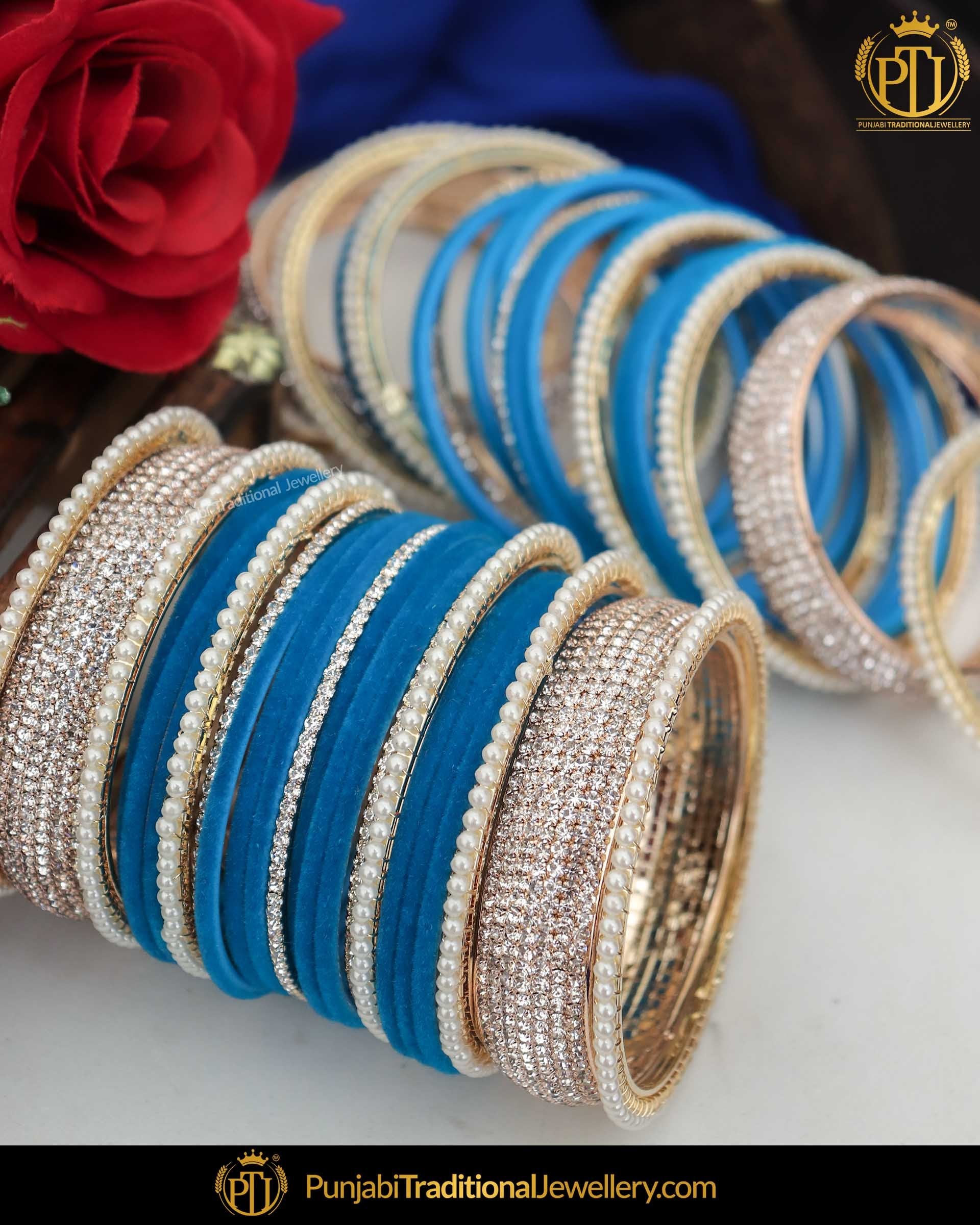 AD Stone Blue Thread Pearl Bangles Set (Both Hands Pair) | Punjabi Traditional Jewellery Exclusive