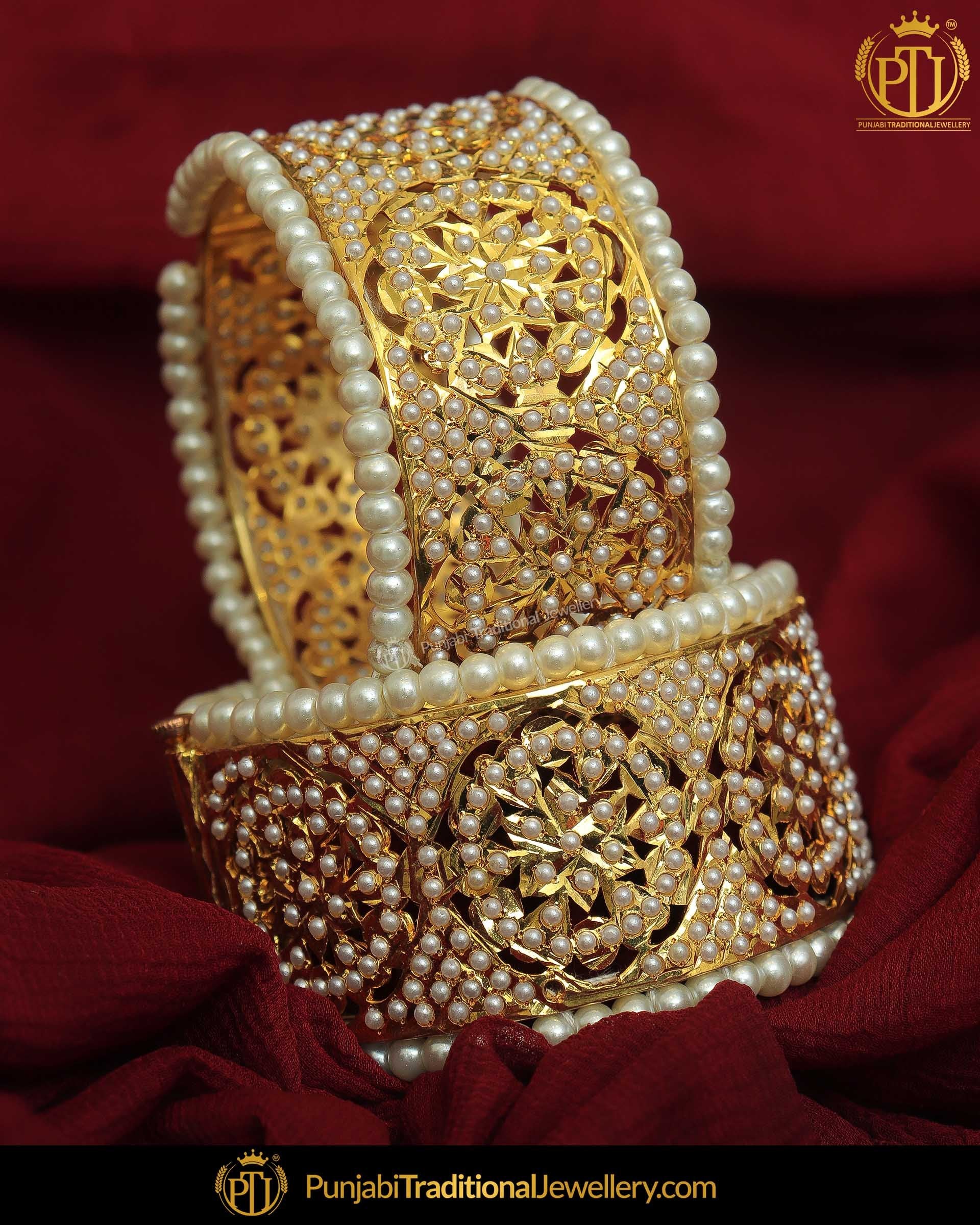 Gold Finished Pearl Jadau Karra Bangles (Pair)| Punjabi Traditional Jewellery Exclusive