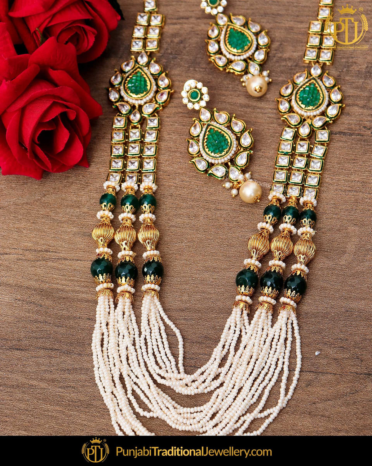 Antique Gold Finished Kundan Emerald Stone Pearl Long  Set  | Punjabi Traditional Jewellery Exclusive