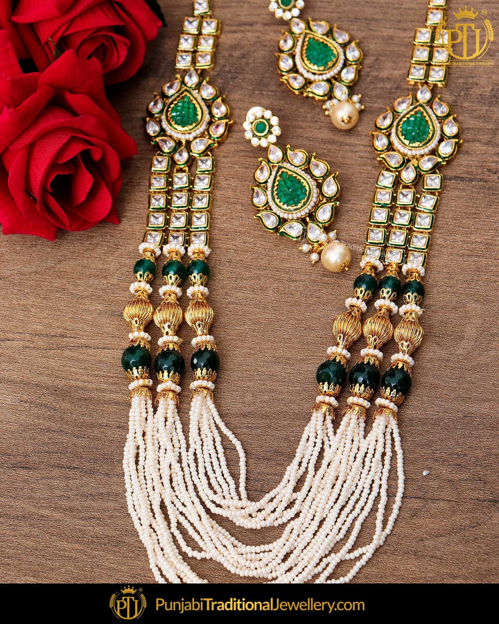 Antique Gold Finished Kundan Emerald Stone Pearl Long  Set  | Punjabi Traditional Jewellery Exclusive