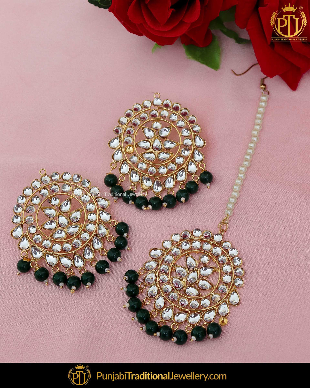 Gold Finished Kundan Black Stud  Earring Tikka Set By Punjabi Traditional Jewellery