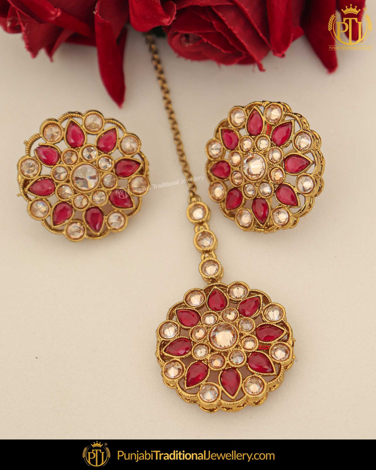 Gold Finished Rubby Champagne Stone Pearl Stud Earring Tikka Set | Punjabi Traditional Jewellery Exclusive