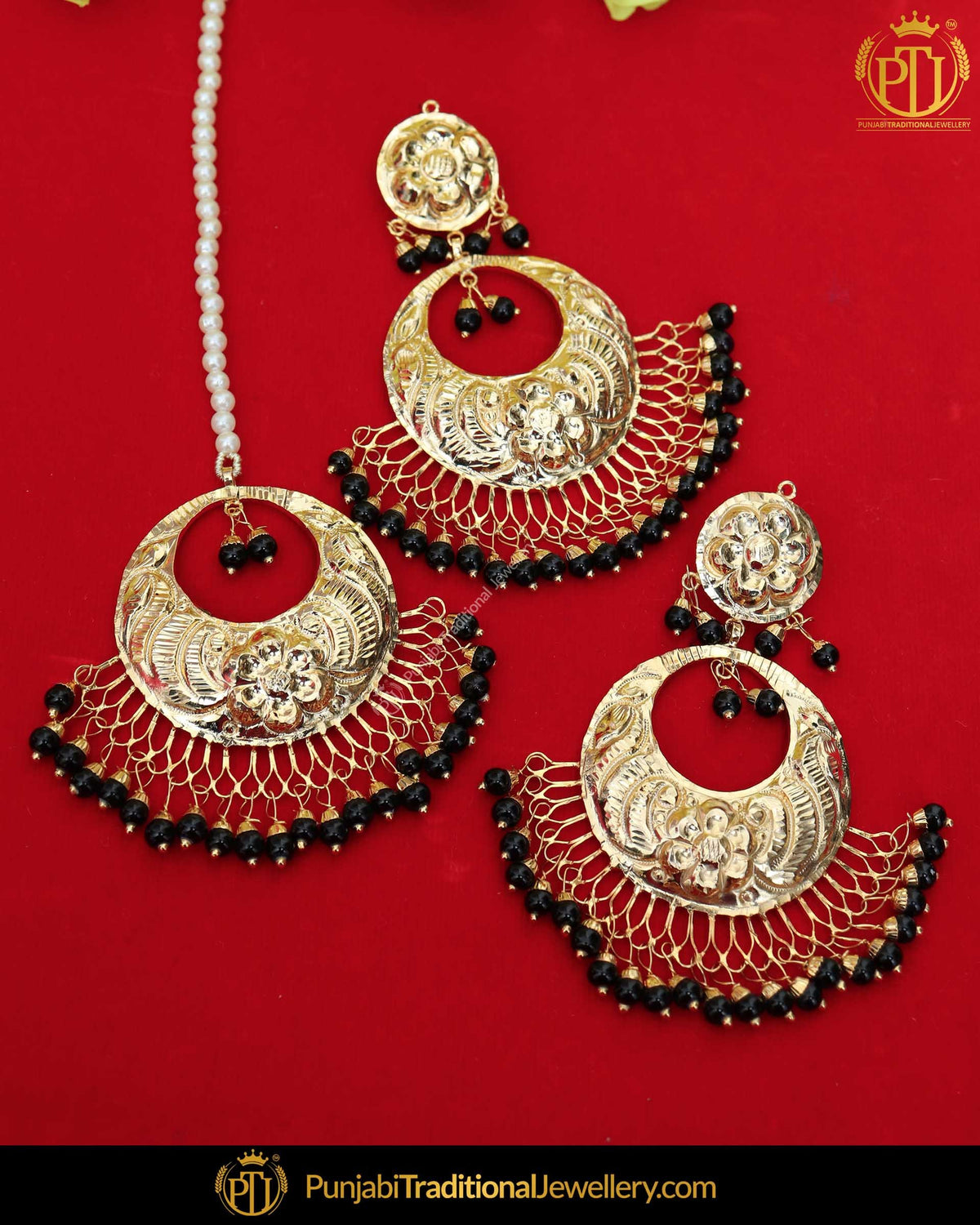 Gold Finished Black Patra Pearl Earring Tikka Set  | Punjabi Traditional Jewellery Exclusive