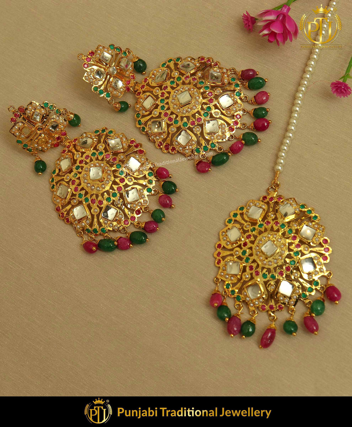 Farzeen Gold Finished Red Green Jadau Earrings With Tikka | Punjabi Traditional Jewellery Exclusive