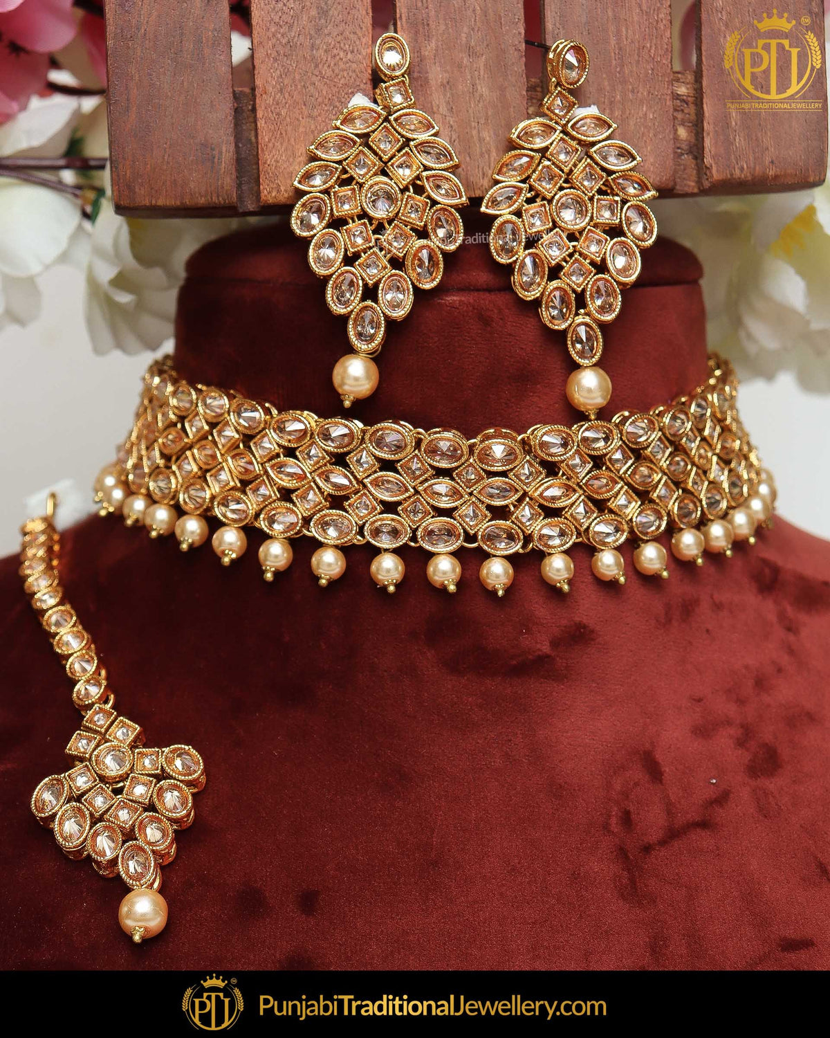 Gold Finished Champagne Stone Pearl Choker Necklace Set  | Punjabi Traditional Jewellery Exclusive