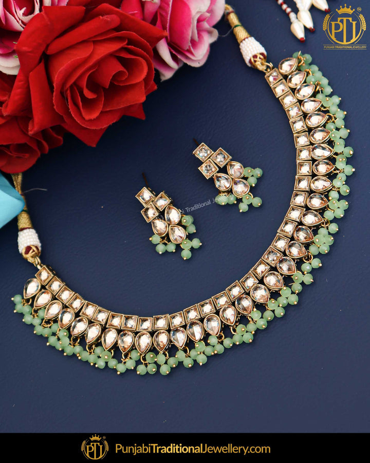 Gold Finished Champagne Stone Green Pearl Necklace Set | Punjabi Traditional Jewellery Exclusive