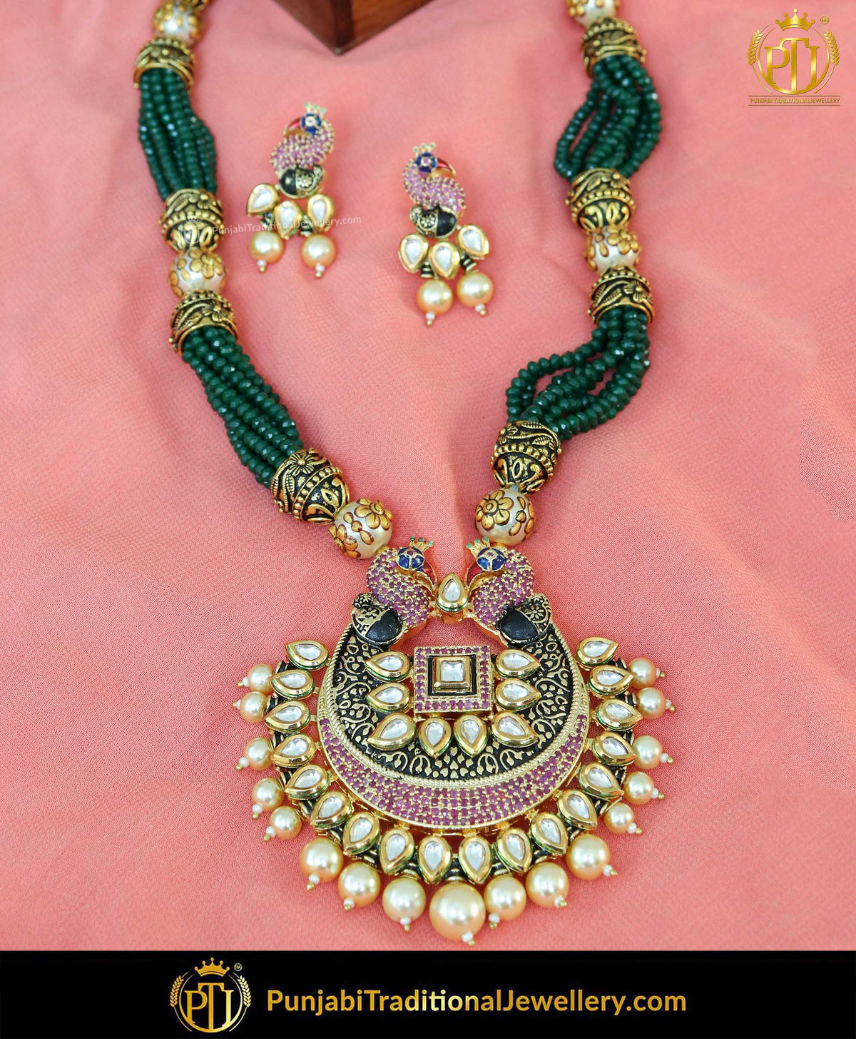 Green Hand-Painted Pearl Mugal Mala & Earrings | Punjabi Traditional Jewellery Exclusive