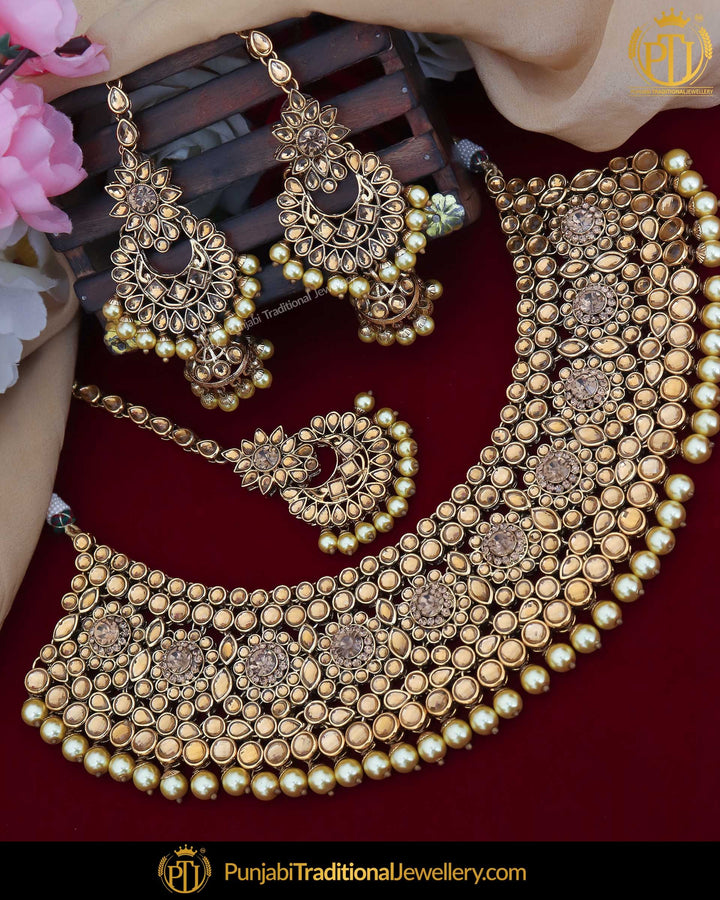 Gold Finished Kundan Pearl Necklace Set | Punjabi Traditional Jewellery Exclusive