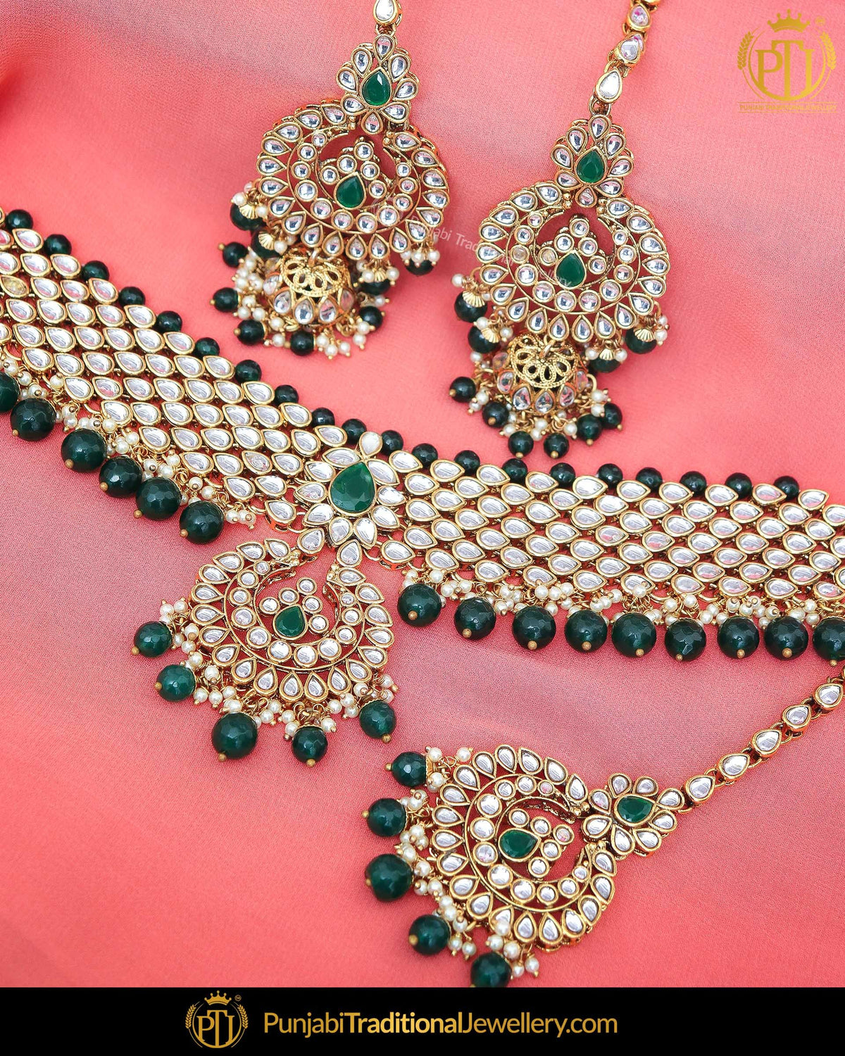 Gold Finished Emerald Kundan Pearl Necklace Set | Punjabi Traditional Jewellery Exclusive