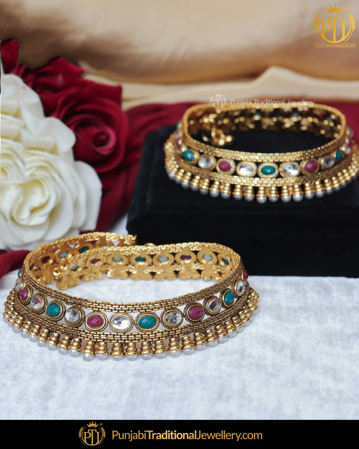 Gold Finished Pearl Rubby Emerald Kundan Payal | Punjabi Traditional Jewellery Exclusive
