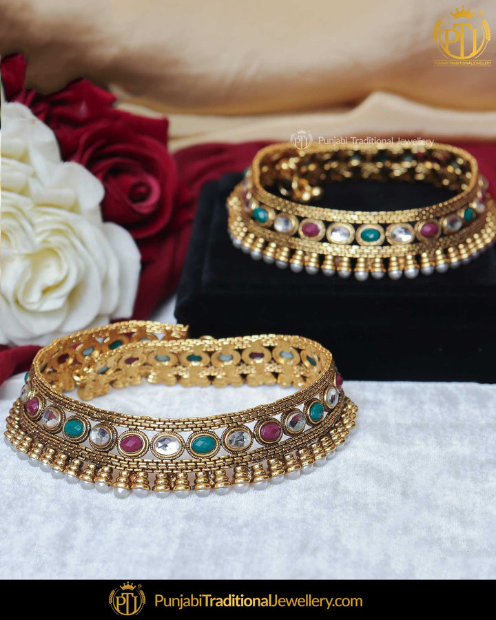 Gold Finished Pearl Rubby Emerald Kundan Payal | Punjabi Traditional Jewellery Exclusive