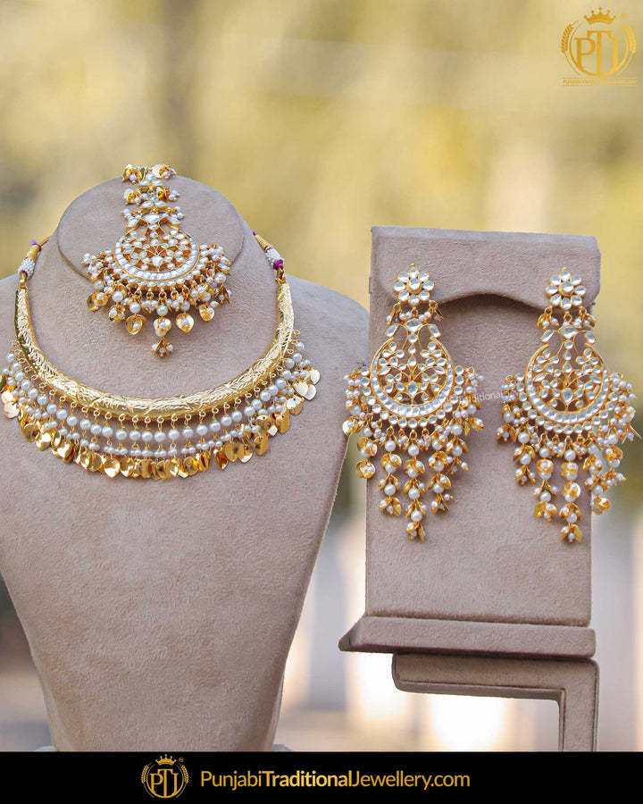 Gold Finished Kundan Pearl Pippal Patti Hasli Necklace Set | Punjabi Traditional Jewellery Exclusive