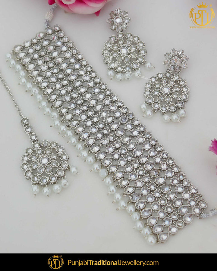 Silver Finished Polki Choker Necklace Set | Punjabi Traditional Jewellery Exclusive