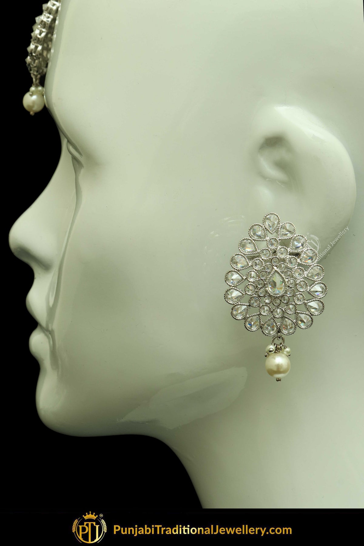 Silver Finished Polki Stone Oversized Stud Earrings & Tikka Set By Punjabi Traditional Jewellery