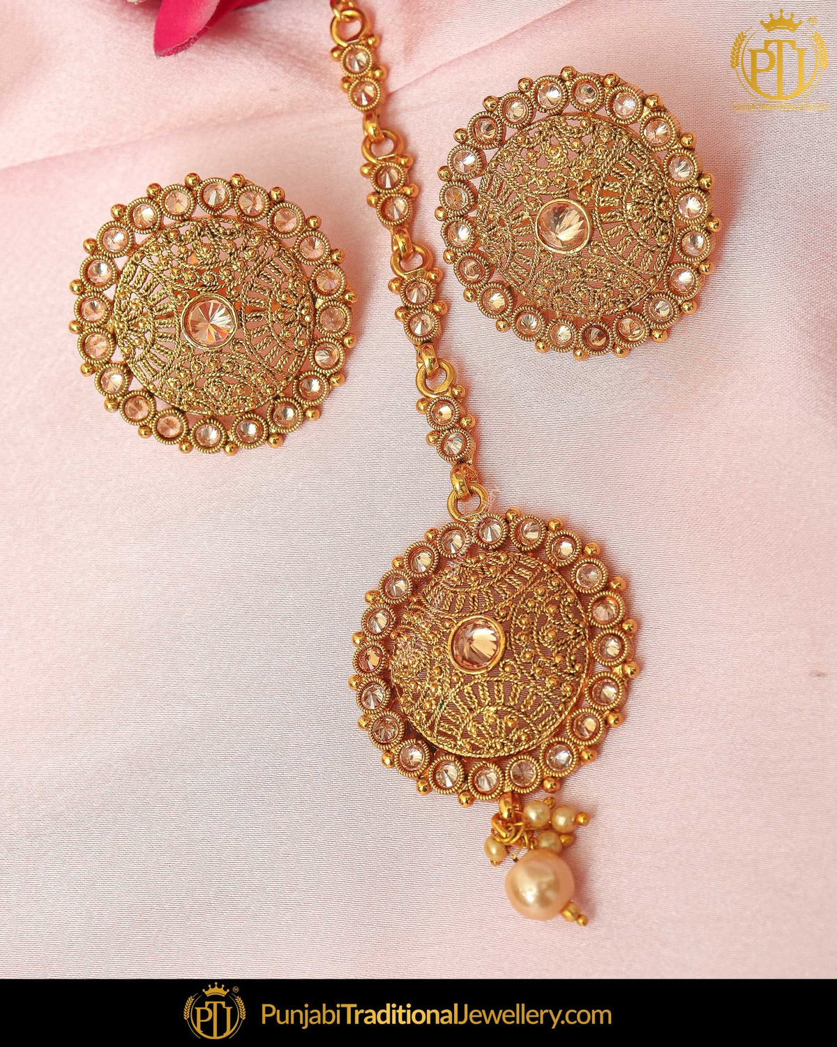 Antique Gold Finished Pearl Champagne Stone Stud Earrings & Tikka | Punjabi Traditional Jewellery Exclusive