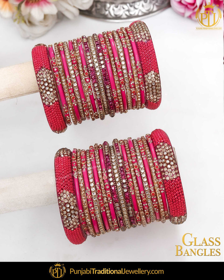Hot Pink (For Both Hands) Glass Bangles Set | Punjabi Traditional Jewellery Exclusive