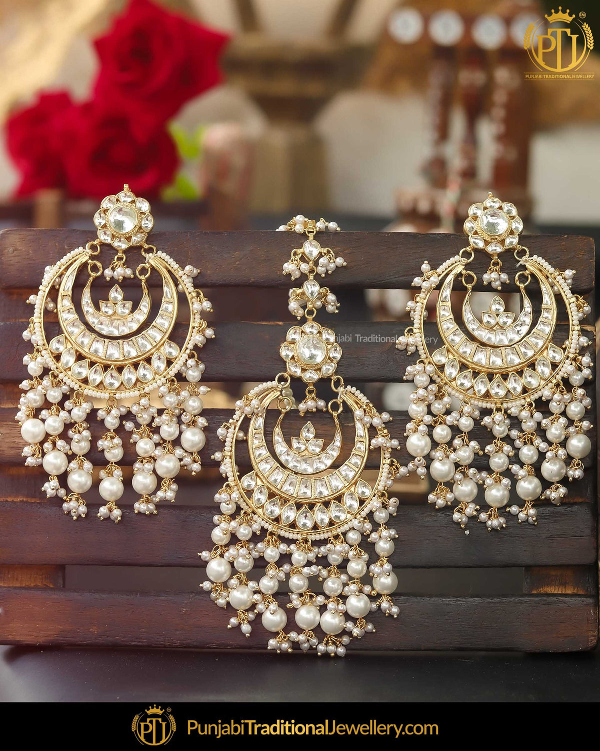 Gold Finished Kundan Pearl Earring Tikka Set | Punjabi Traditional Jewellery Exclusive