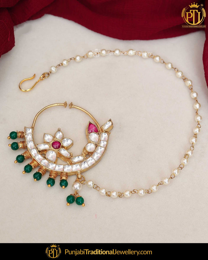 Gold Finished Rubby Emeald Kundan Pearl Nath | Punjabi Traditional Jewellery Exclusive
