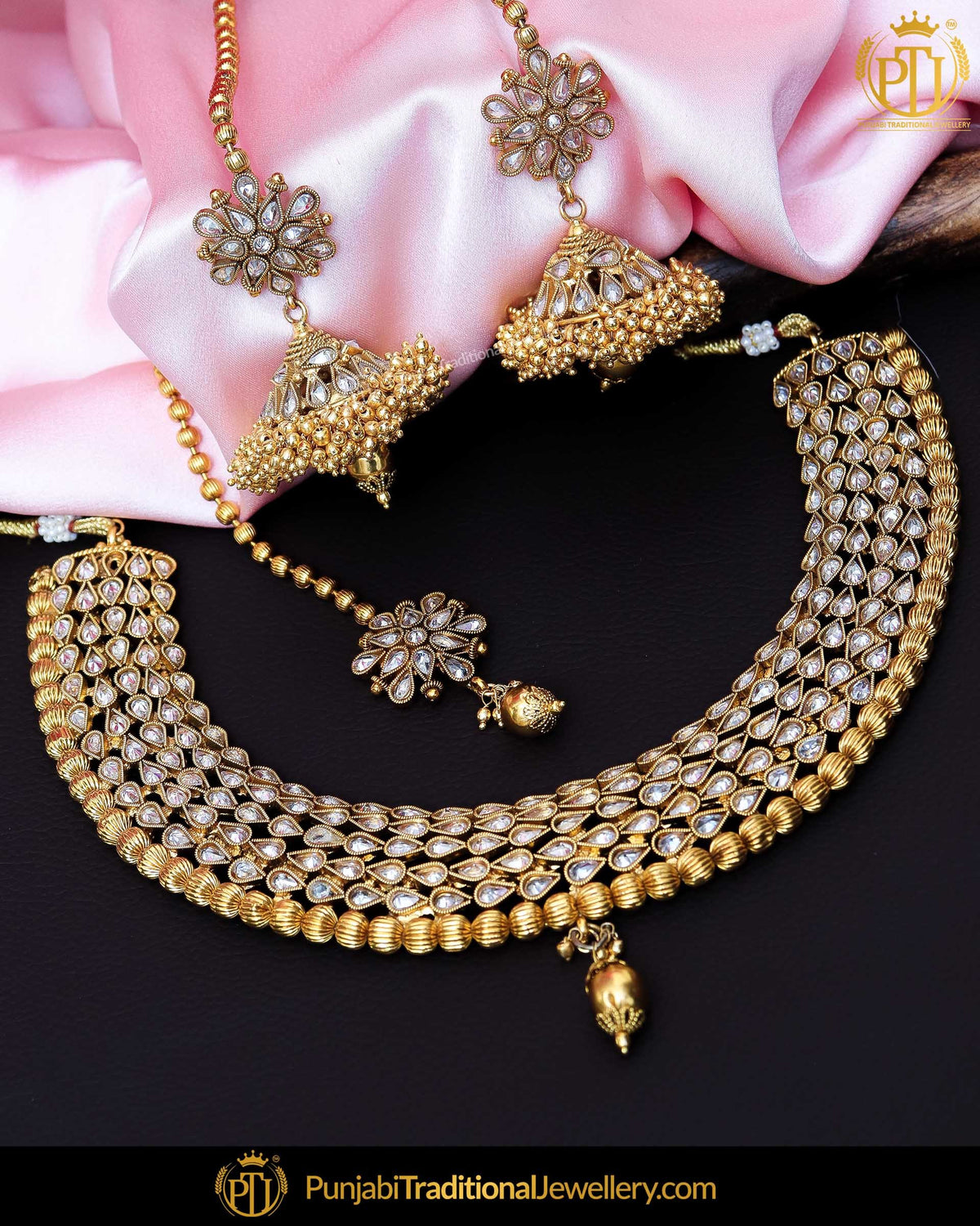 Gold Finished Champagne Stone Pearl Necklace Set  | Punjabi Traditional Jewellery Exclusive