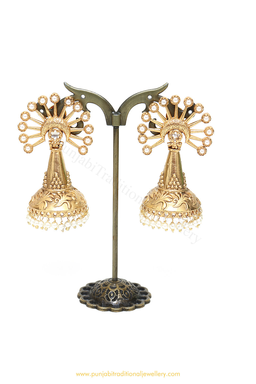 Gold Finished Pearl Jhumki Earrings by PTJ