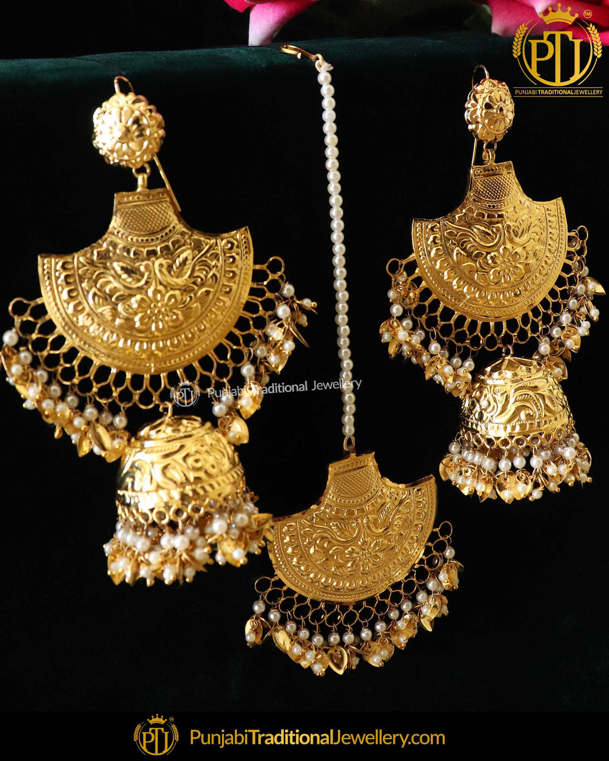 Gold Finished Pippal Patti Earring Tikka Set | Punjabi Traditional Jewellery Exclusive
