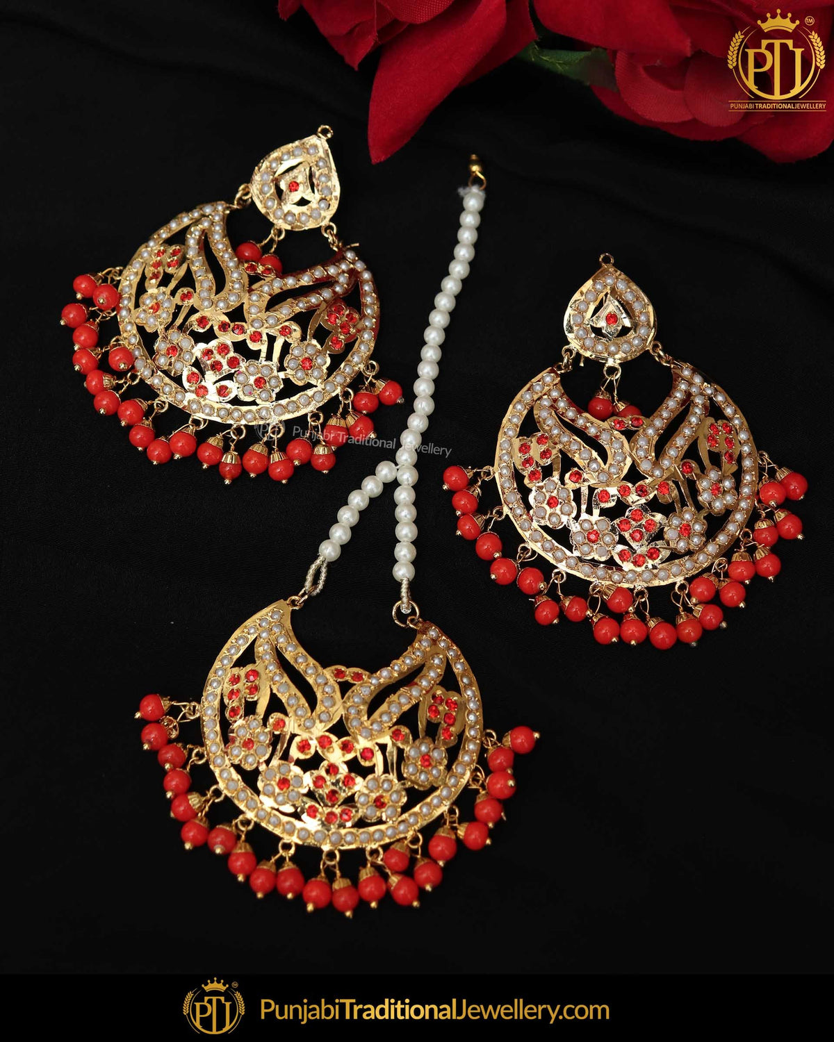 Gold Finished Orange Jadau Pearl Earring Tikka Set  | Punjabi Traditional Jewellery Exclusive